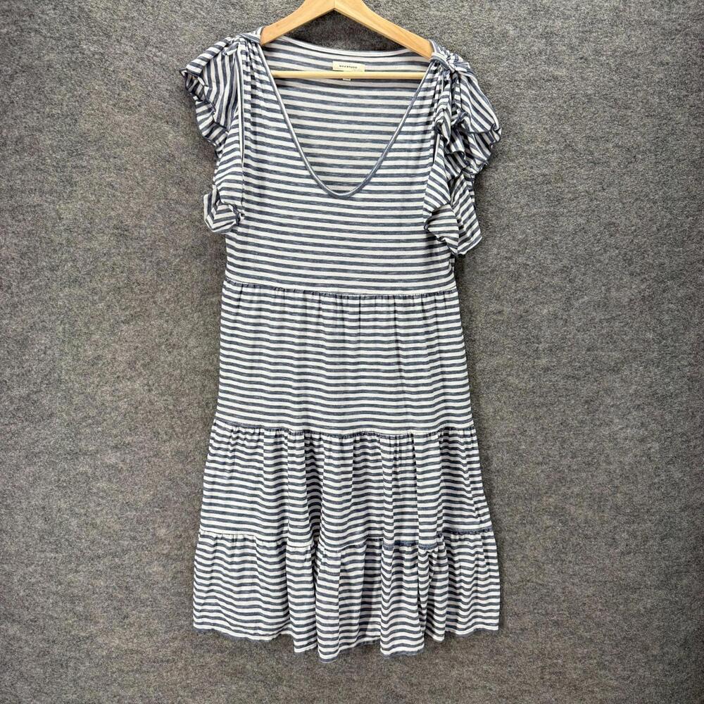 Max Studio Dress Women L Large Gray Striped Shift Midi V-Neck Short Sleeve